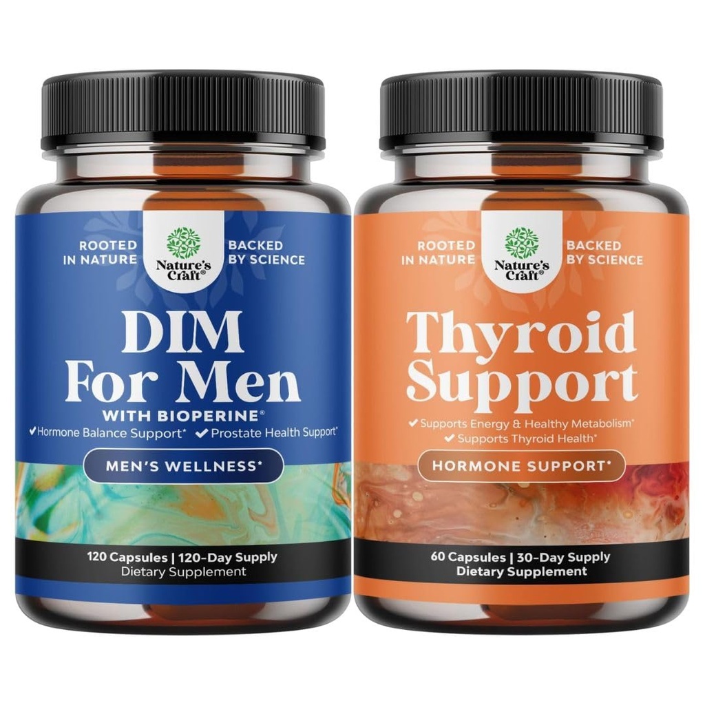 Bundle of DIM Supplement for Men with Panax Ginseng Bioperine GrapeSeed & Astragalus for Prostate Health and Herbal Khyroid Support Complex with L Tyrosine, Blackerwrack, Selenium & Pure Ashwagandha