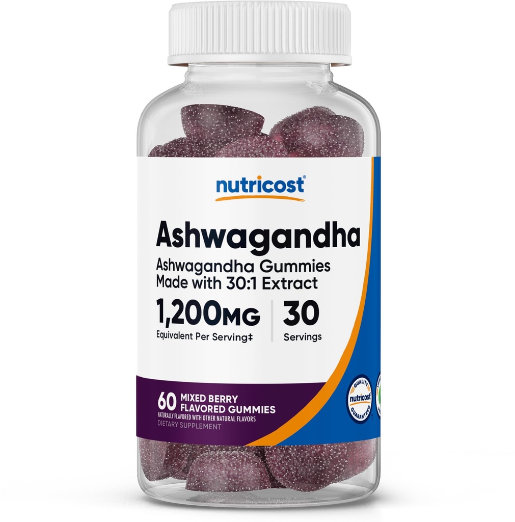 Nutricost Ashwagandha Gummies 1200mg Equivalent per Serving (Mixed Berry Flavor), 60 Gummies, 30 Tarjoilut