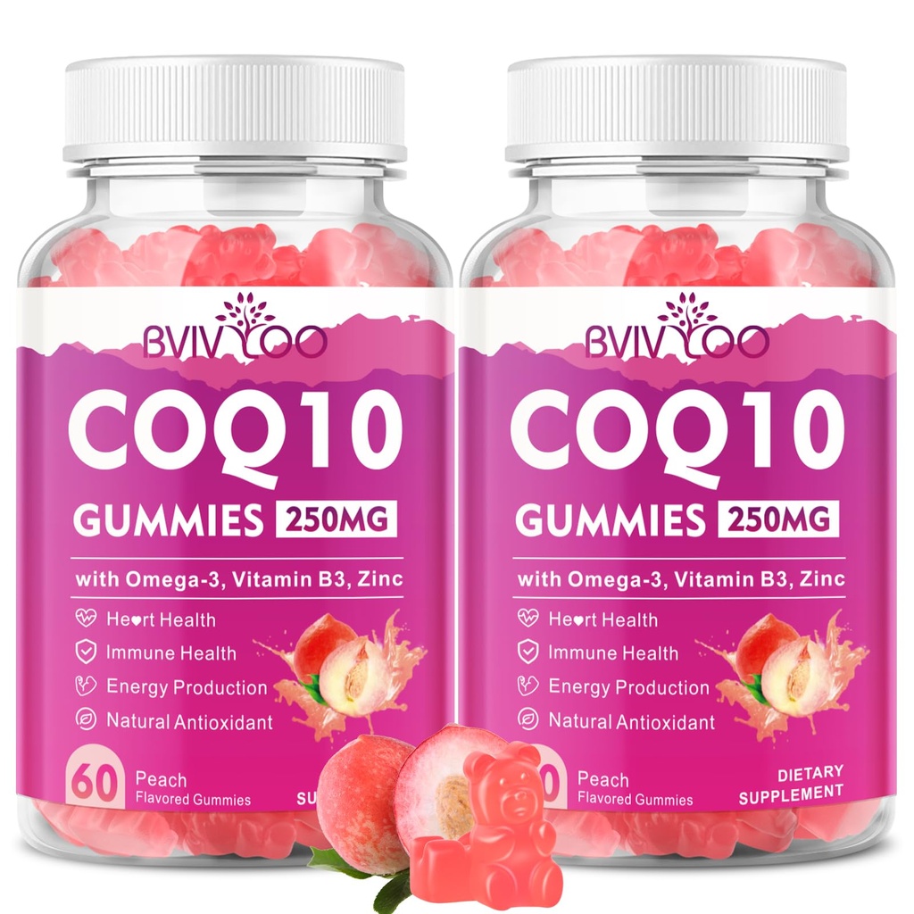 2 Pack CoQ10 Gummies 250mg, Plus Omega-3, B3-vitamiini ja sinkki, magnesium - suuri imeytyvä Coenzyme Q10 lisäravinteet sydämen terveyteen, soluihin energia, & antioksidantti tuki, 120