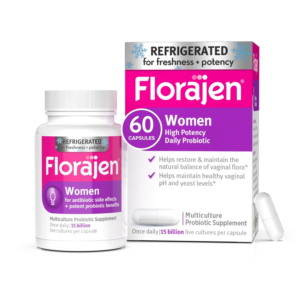 Florajen Women's Vaginal Probiotic - Gut Health, Vaginal pH Balance och förstoppningshjälp - Multi-Strain Formel med Lactobacillus - Kylerad för styrka - 60 kapslar