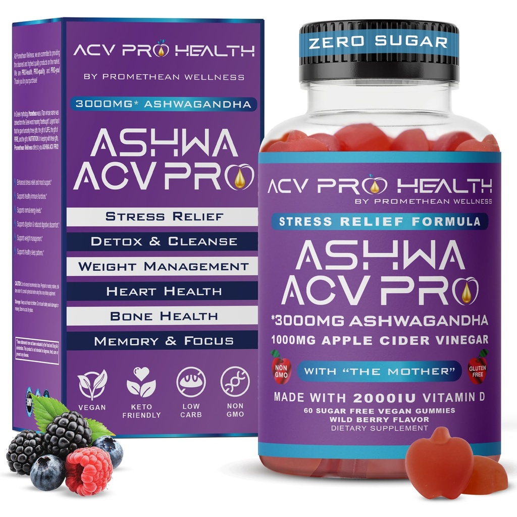 Ashwa ACV Pro Health - Sokeriton omenasiideri Viinietikka Gummies kanssa Ashwagandha, Advanced Keto, Stressi Relief lisäravinteet D-vitamiini, 1g karbs per Gummy Golo