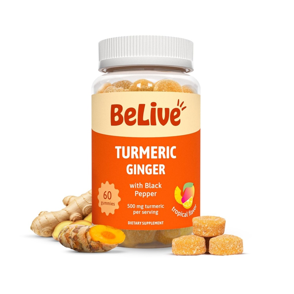 BeLive Turmeric Curcumin med Black Pepper & Ginger - 500 mg gurkmeja och Ginger Supplement för immunstöd, hälsosam hud och rörlighet - Tropisk smak | 60 greve
