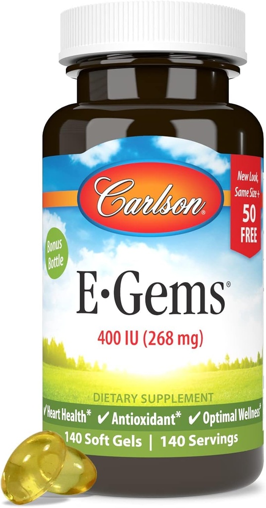 Carlson - E- Gems 400 IU (268 mg), Natural- Source E-vitamiini, optimaalinen hyvinvointi, 140 pehmeää geeliä