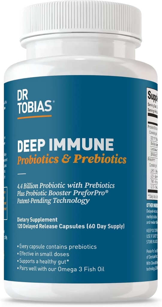 Tobias Deep Immunobiootit & Prebiootit, Dual Action Digestion & Immuunituki PreforPro Prebiootit & Viivästynyt julkaisu Spore Muodostaminen Probiootit naisille & miehille, 120 kapselia, 60 palvelinta