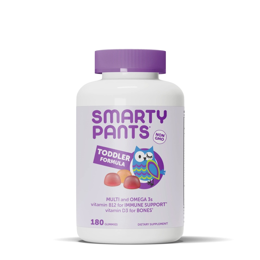 SmartyPants Toddler Multivitamiini Gummies: Omega 3 Fish Oil (EPA/DHA), D3-vitamiini, C-vitamiini, B12, B6, A-vitamiini, K-sinkki, Biotiini, Betakaroteeni, gluteeniton, kolme hedelmän makua, 180