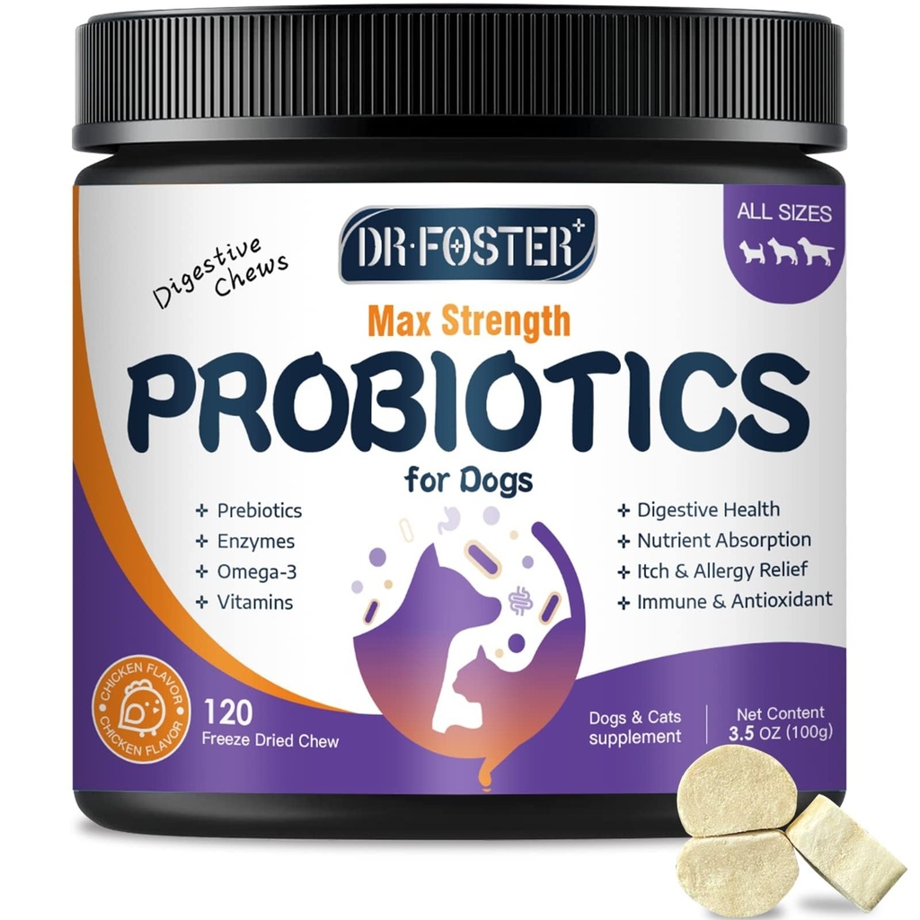 Probiootit koirille, Freeze-Dried Dog Probiootit ja digestiivinen Enzymes, Plus Omega-3 kutiava iho, 3-in-1 Prebiootit digestiivinen terveys, koiran vitamiinit ja lisäravinteet immuuniterveyteen, 120 Bites