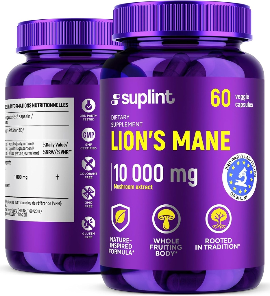 Lion's Mane Mushroom kompletterar 10 000 mg | Kosttillskott för minne, fokus och klarhet | Daglig immunsystemsupportkomplex för kvinnor och män | Icke-GMO, Gluten-Free, Vegan | 60 kapslar