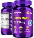 Lion's Mane Mushroom kompletterar 10 000 mg | Kosttillskott för minne, fokus och klarhet | Daglig immunsystemsupportkomplex för kvinnor och män | Icke-GMO, Gluten-Free, Vegan | 60 kapslar