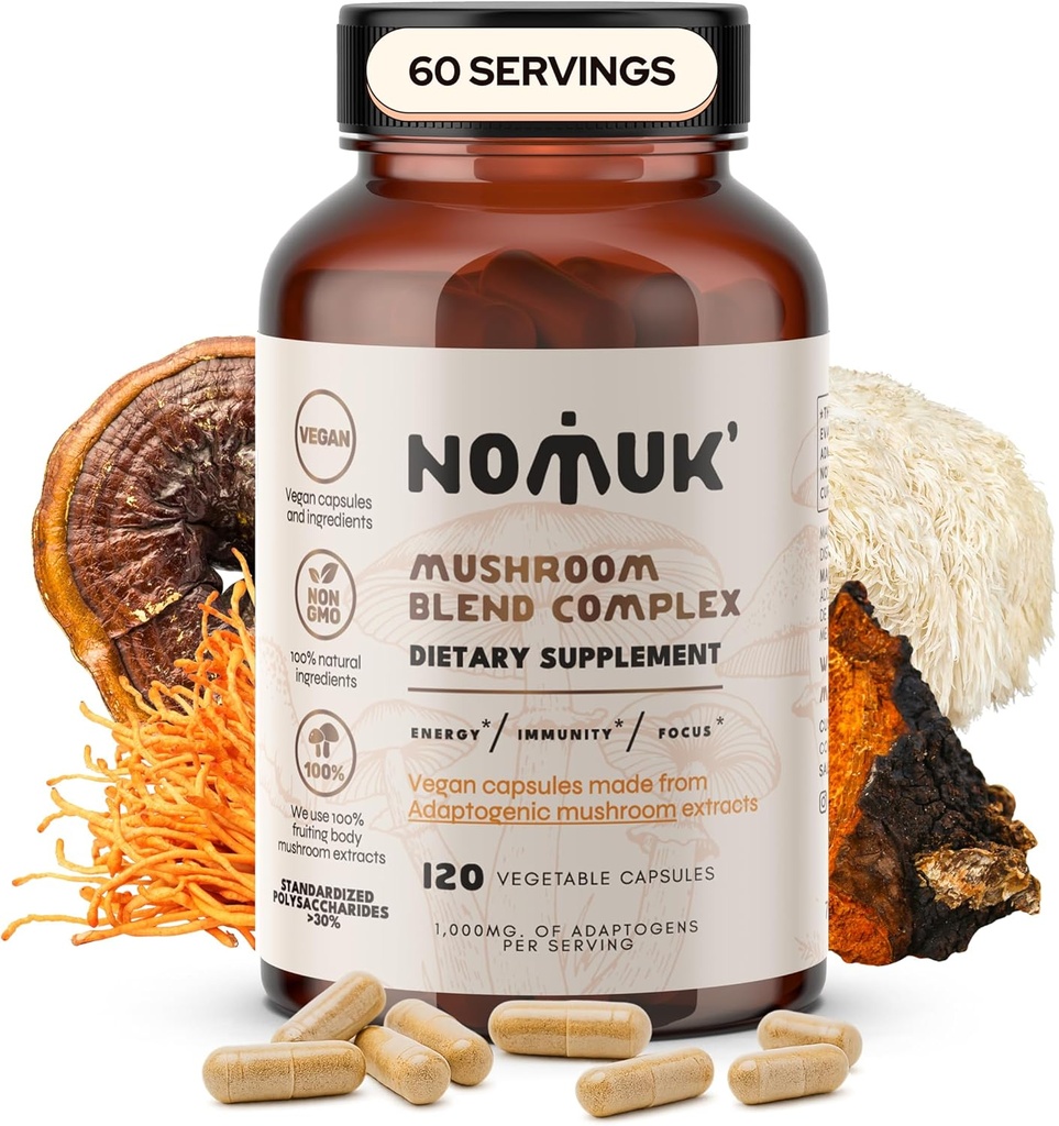 Adaptogeeninen sieniuute Blend Lions Mane, Reishi, Cordyceps, Chaga Supplement, 120 kapselia.