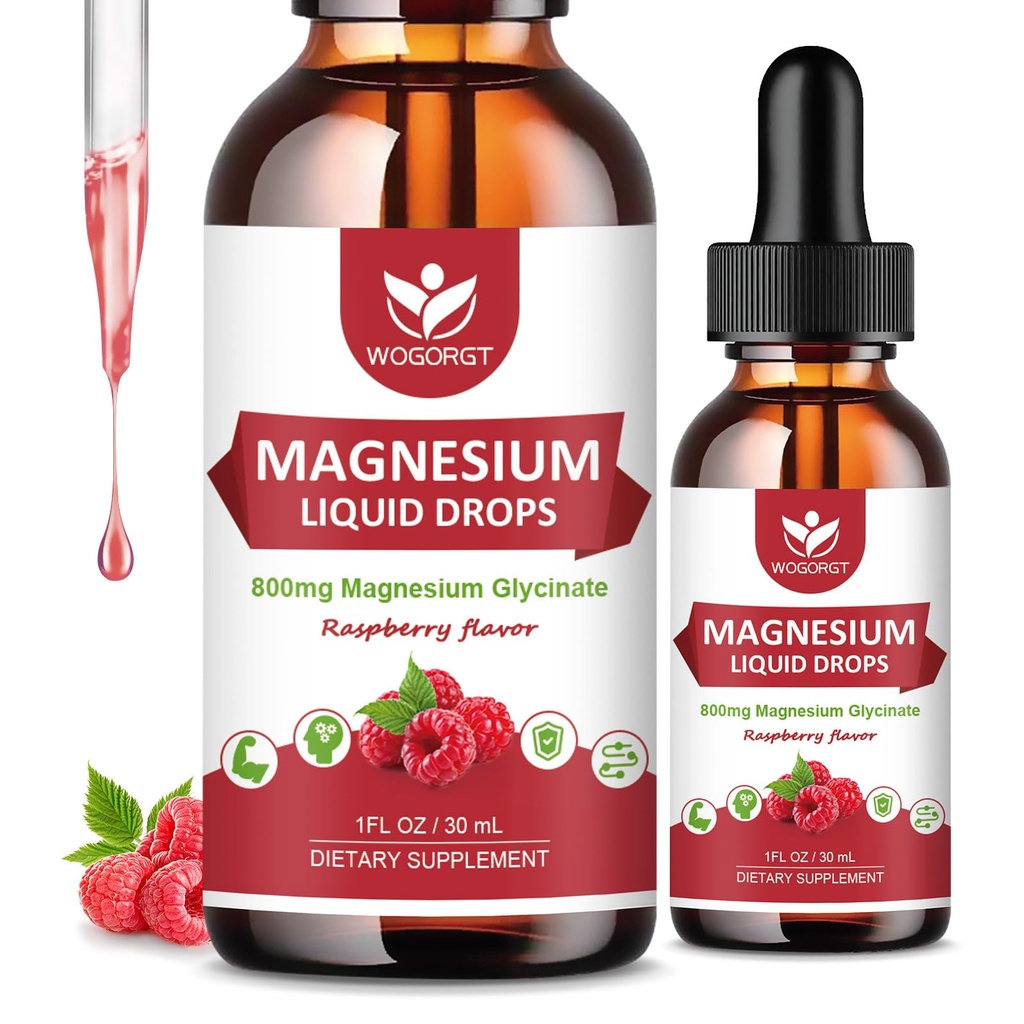 (2 pakkaus) Magnesium Glycinate Liquid Drops with Citrate & Taurate - High Imeytyminen 1000 mg Liquid Magnesium Complex D3, GABA, L-theanine for Cognition, Lihas & Focus, Vadelma Maku - 30mL