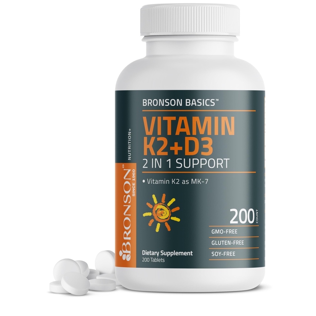 Bronson- vitamiini K2 D3 (MK7) täydentää ei-GMO Formula D3 5000IU (125 mikrog) & 90 mikrog K2 MK-7, helppo niellä D & K Complex, 200 tablettia