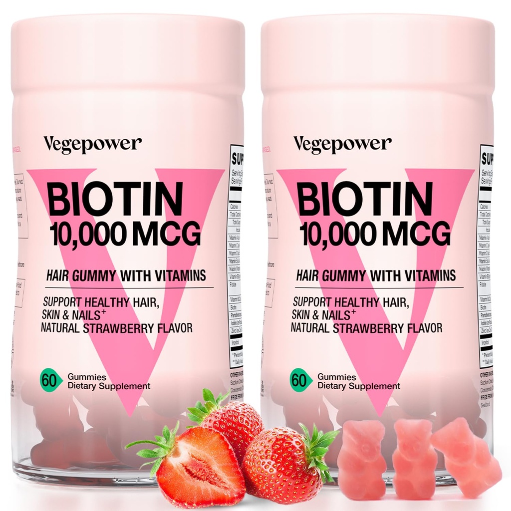 Biotin Gummies 10000mcg Supplements - med vitamin C, A, D, B-Complex, Folate, Zink för kvinnor och flickor- Vegan Biotin Hair Growth Gummy för hälsosamt hår och naglar, icke-GMO, jordgubbar, 120 Björn