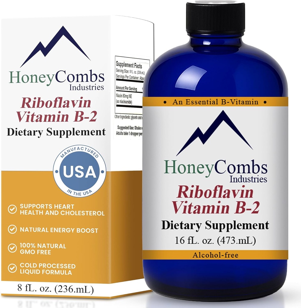 HoneyCombs Vitamin B2 Riboflavin Supplement Liquid Drops - High Potency Vitamin B2 för män och kvinnor - Upprätthåll hälsosam matsmältning, nervsystem, hår, hud, naglar - Vegan Liquid Vitaminer (16 Fl oz)