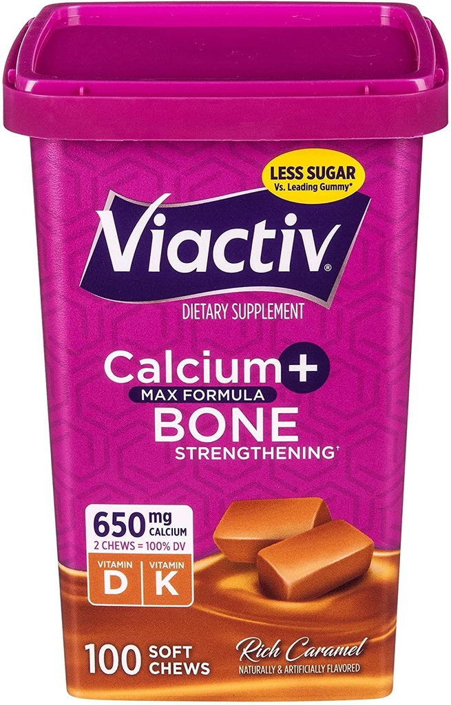 Viactiv Max Formula Kalsium + Vitamin D3 Supplement Bone Health, Rich Caramel, 100 Soft Chews - 5 pakkaus