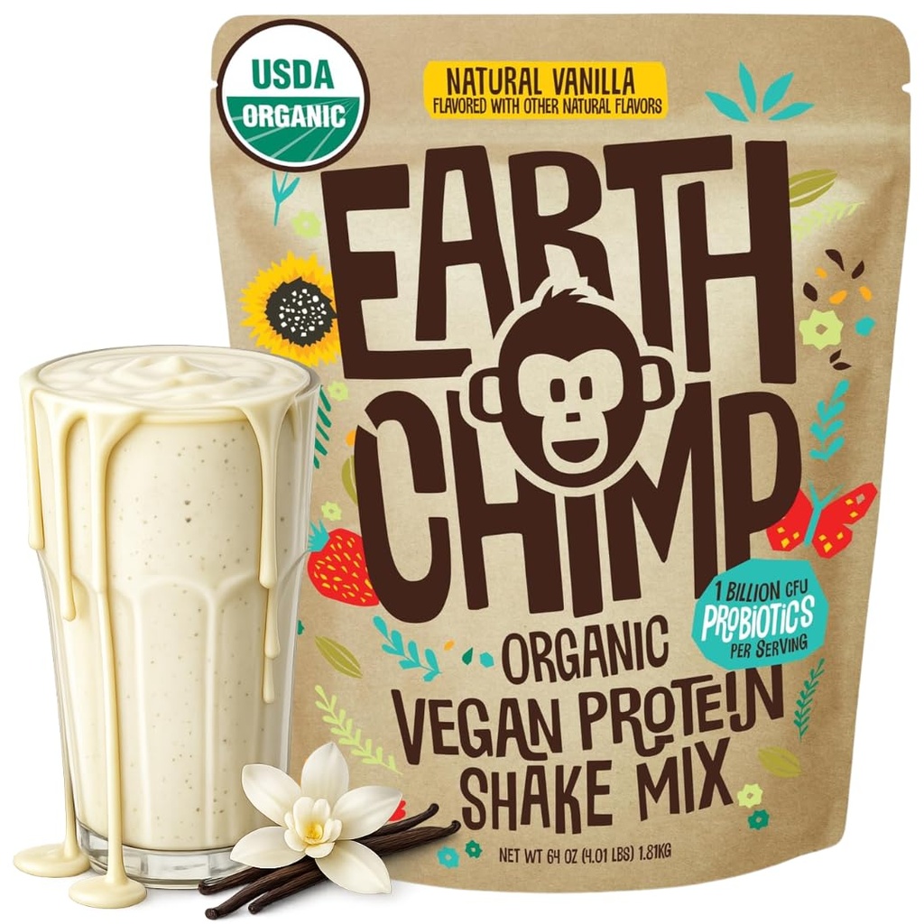 EarthChimp Organic Vegan Protein Powder - med Probiotics - Non GMO, Dairy Free, Non Whey, Plant Based Protein Powder för kvinnor och män, Gluten Free - 52 Servings 64 Oz (Vanilla)