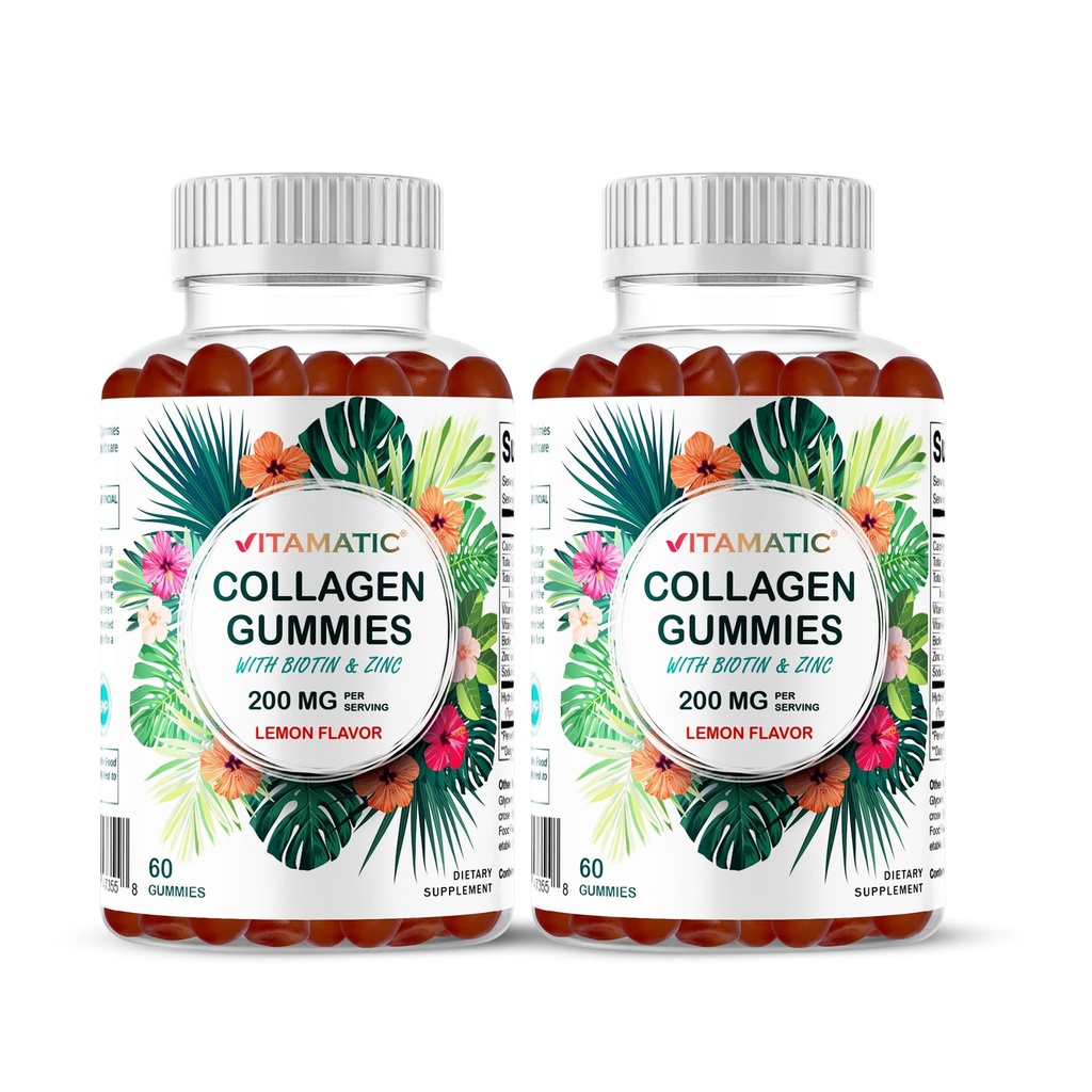Vitamatic 2 Packs Hydrolysed Collagen Gummies kanssa C-vitamiini, sinkki ja biotiini, 200 mg - 60 Gummia (Yhteensä 120