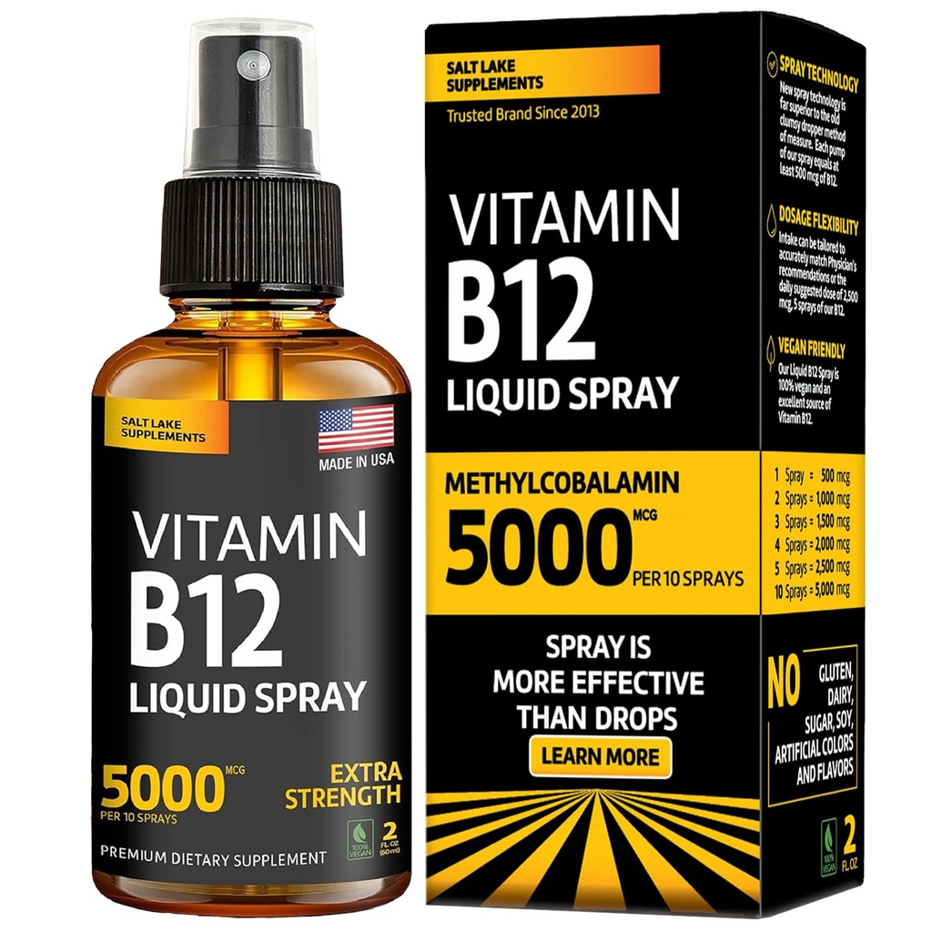 Vitamin B12 Sublingual Spray 5000 mcg - Vegan Methylcobalamin Liquid B12 Boost Energy, Mood & Brain Health - Glutenfri, Non-GMO B12 Spray för Män & Kvinnor - Enkel dosering (5000 mcg i 10 Sprays)