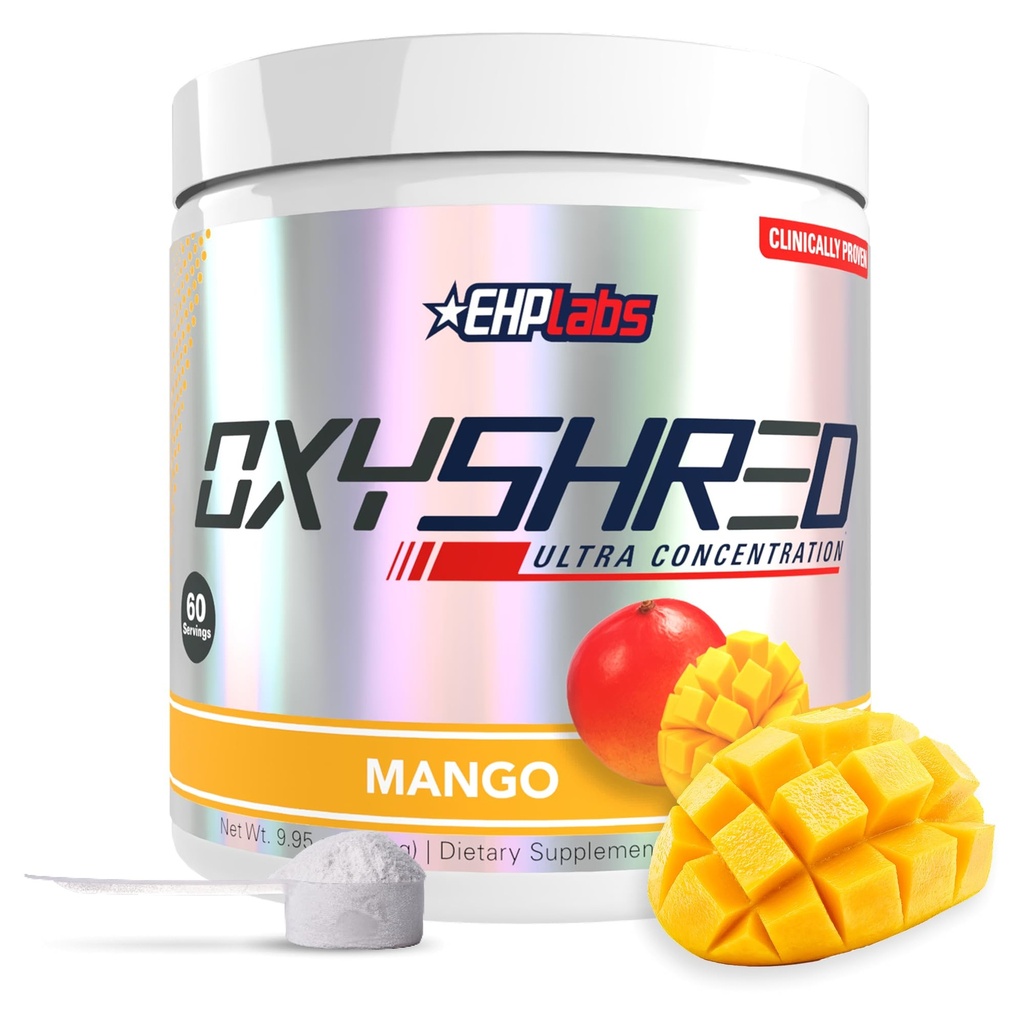 EHP Labs OxyShred Pre Workout Powder - Preworkout Powder med L Glutamin & Acetyl L Carnitine, Energy Boost Drink - Mango, 60 portioner