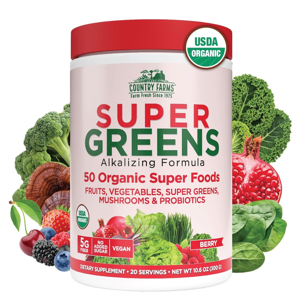 Country Farms Organic Super Greens Berry Flavor, 50 Organic Super Foods, packad med fiber, USDA Organic Drink Mix, Frukt, grönsaker, svamp & probiotika, stöder energi, 5g Fiber
