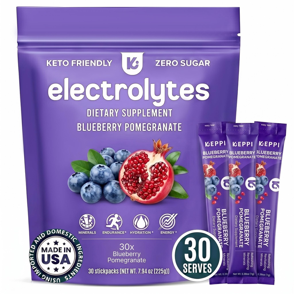 Keppi Electrolytes Powder Packets ... Mustikka Granaattiomena 30 Tarjoilua... Ei sokerin nesteytystä kaliumin, magnesiumin, natriumin, Keton, vegaanin, paastoamisen ystävällistä, nollakalorien nesteytyspakkausta