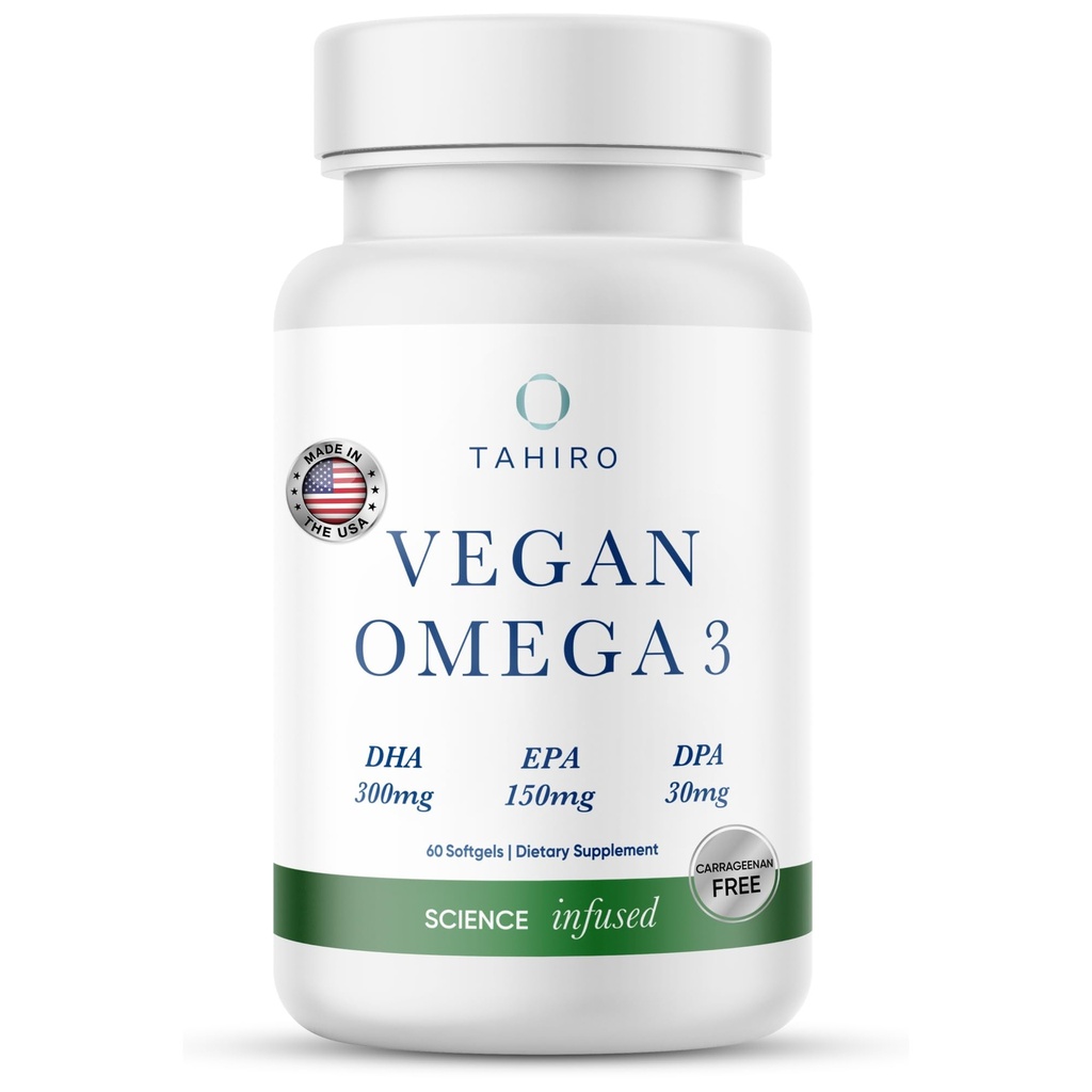 TAHIRO Vegan Omega-3 Softgels - Kasvipohjainen täydentää DPA, DHA & EPA - Raskaana olevien naisten, miesten ja naisten ravinteet - Tukee aivojen terveyttä - Prenatal & Joint Lisäravinteet, 1000mg