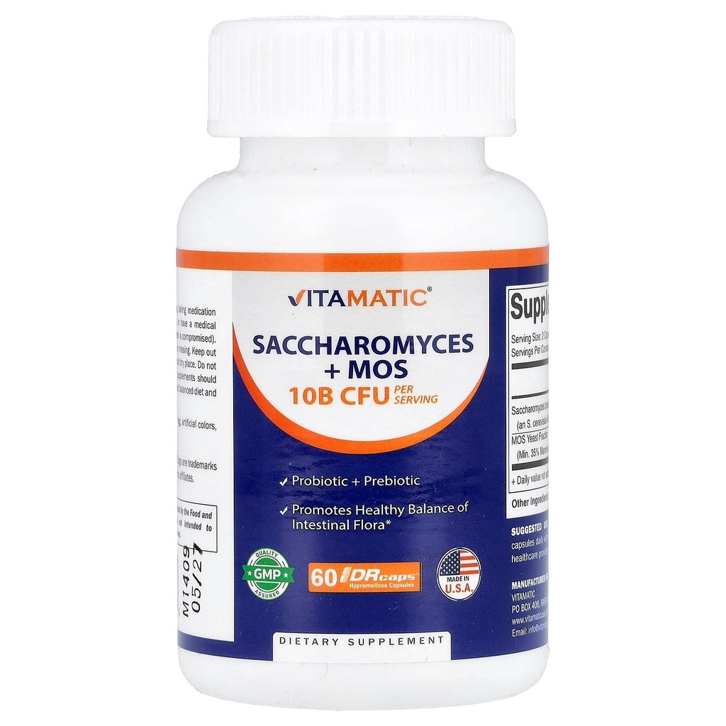 Vitamatic Saccharomyces Boulardii Probiootti 10B per tarjoilu + Hiivauute (MOS Yeast Fraction) 300 mg - 60 DR Kapselit - Valmistettu USA