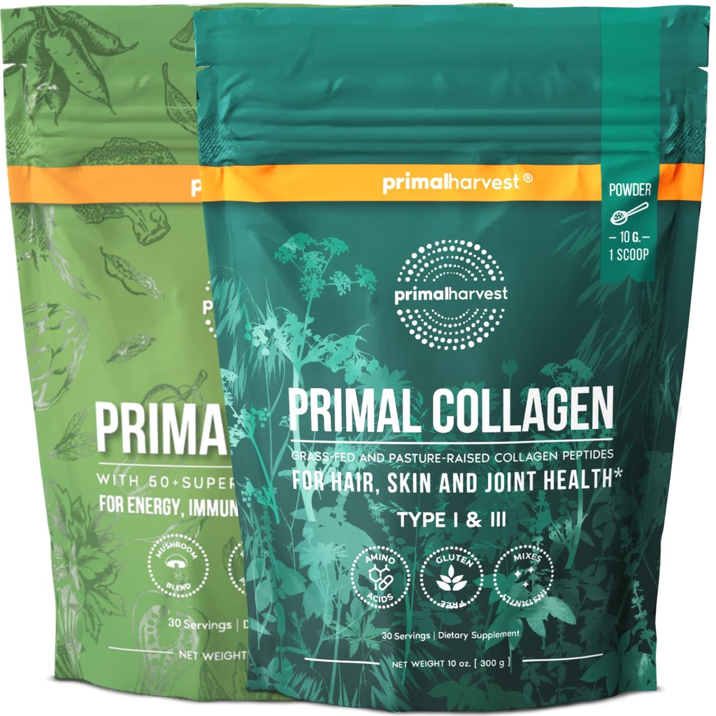 Primal Harvest Super Greens & Collagen Powder Superfood Greens Powder and Collagen Peptides Powder for Hair, Skin, and Nails Bundle