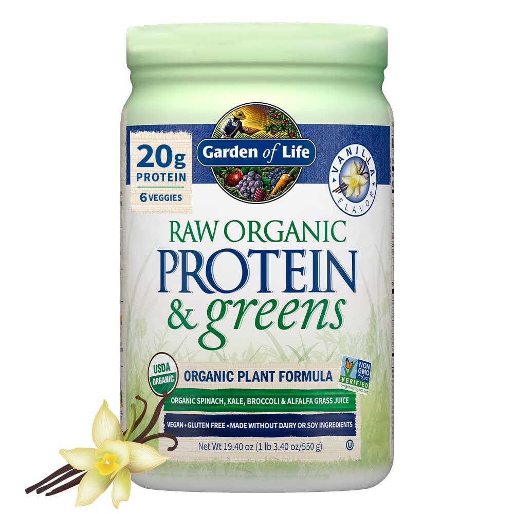 Garden of Life Raw Organic Protein & Greens Vanilla - Vegan Proteinpulver för kvinnor och män, växt och pea proteiner, gröna & probiotika, Gluten Free Low Carb Shake Made utan mejeri 20 portioner