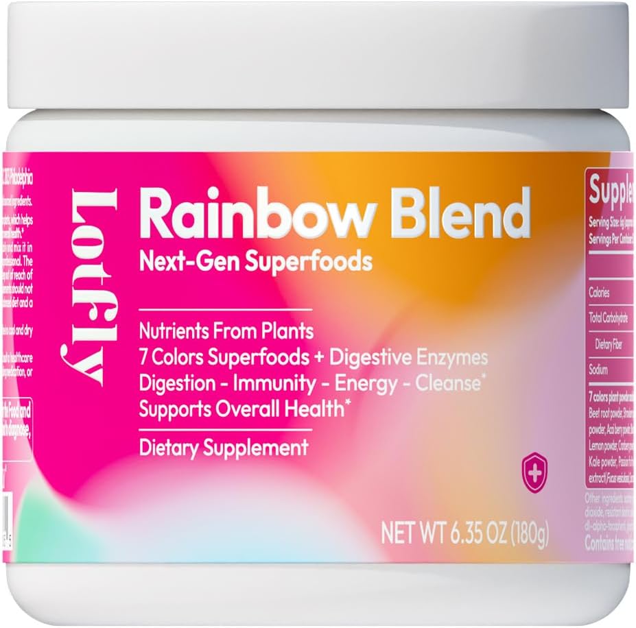 Superfood Rainbow Blend Powder, 7-värikasvi & kasviperäiset uutteet 44 ravinteita Gut Health, Digestion, Immuniteetti & antioksidantti tuki, Ruoansulatuskanavan entsyymit & prebiootit, 6.35 Oz