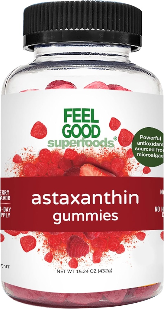 FeelGood Superfoods Astaksantiini Lisäravinteet, 6 mg Antioksidantti Gummies ihon ja silmien terveyteen, Berry Flavor, Vegan, ei-GMO, 60