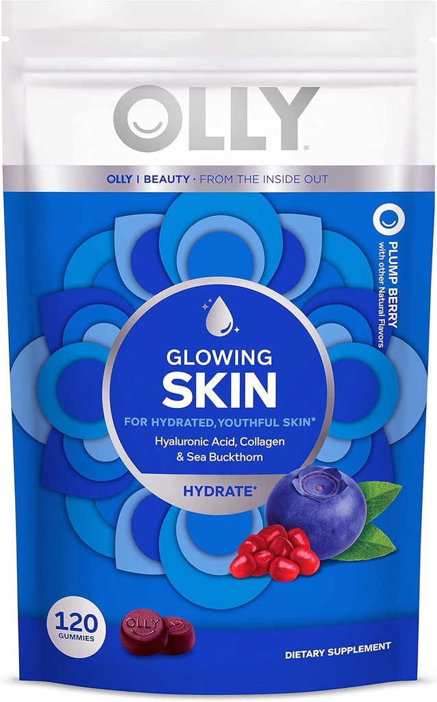 Olly Glowing Skin Collagen Gummy, Hydrated, Nuori iho, Hyaluronic Acid, Sea Buckthorn, Pureskeltava täydentää, Berry, 60 päivän tarjonta - 120 Count Pouch (Pack of 6)