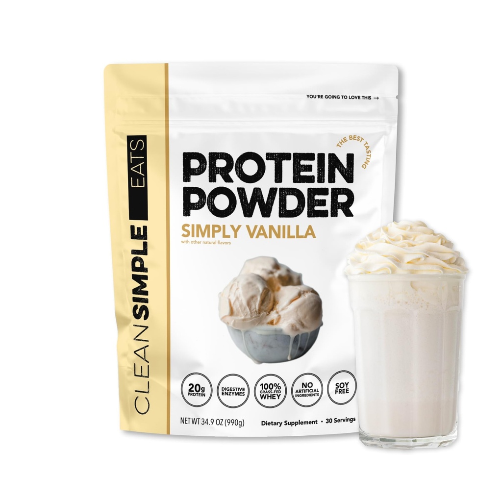 Clean Simple Eats Whey Protein Powder, yksinkertaisesti Vanilla Flavor Luonnollisesti makeutettu, 100% Grass Fed Protein Powder kanssa Dgestive Enzymes & Ei Keinotekoisia ainesosia, Gluteeniton, 30 Tarjoilu