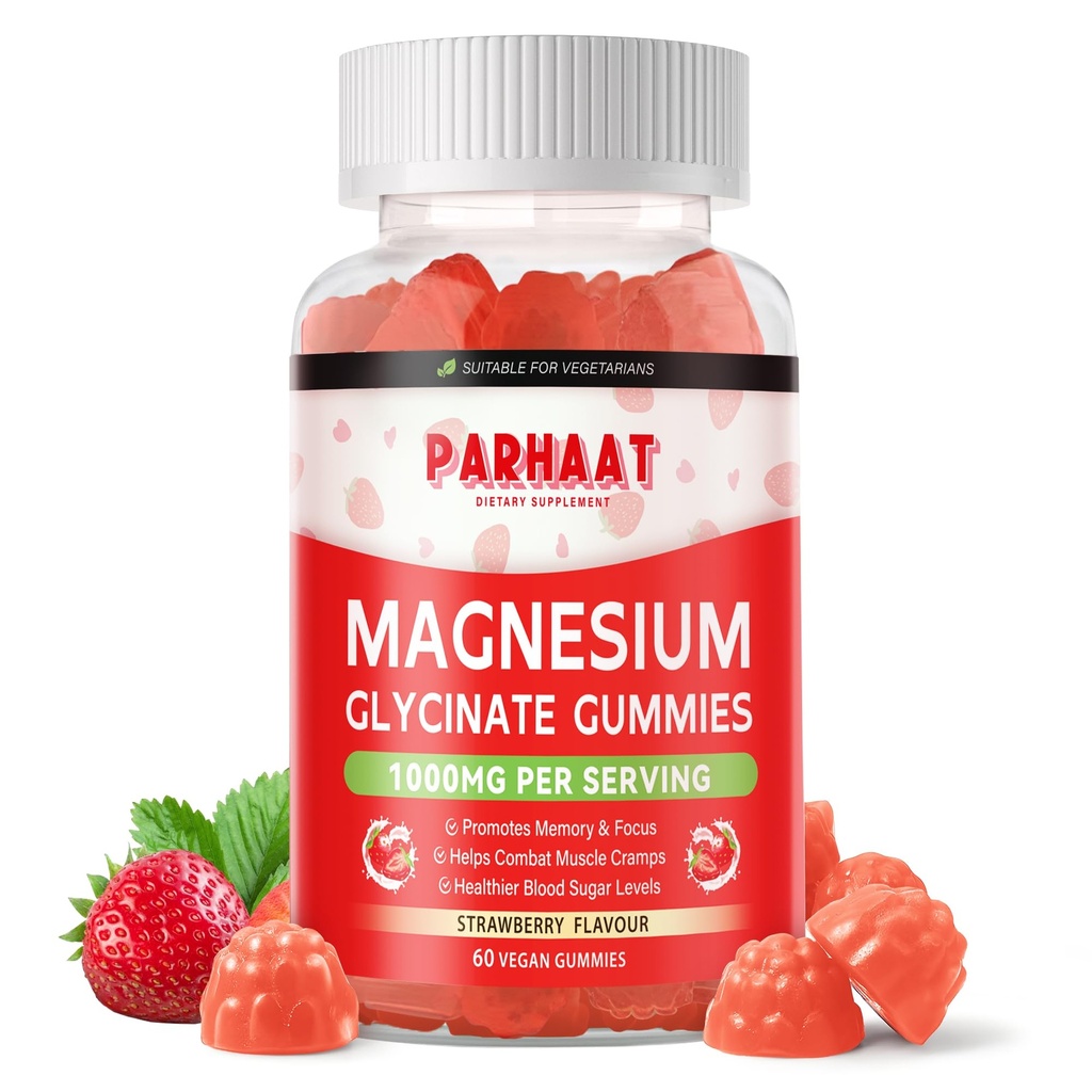 Magnesium Glycinate Gummies - Sokeriton magnesium Kaliumlisä D-vitamiinia, B6, CoQ10 rauhoittavaa mielialaa ja uni tukea - 60 mansikkamuroja