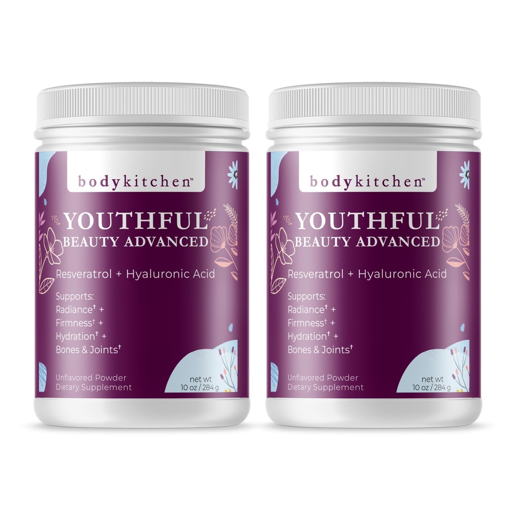 Body Kitchen Nuori kaunis Advanced, Collagen Peptides Powder for Beautiful Hair Skin Nails, Resveratrol ja Hyaluronic Acid for Anti-Aging & Antioxidantti tuki, Grass Fed (Pack of 2)