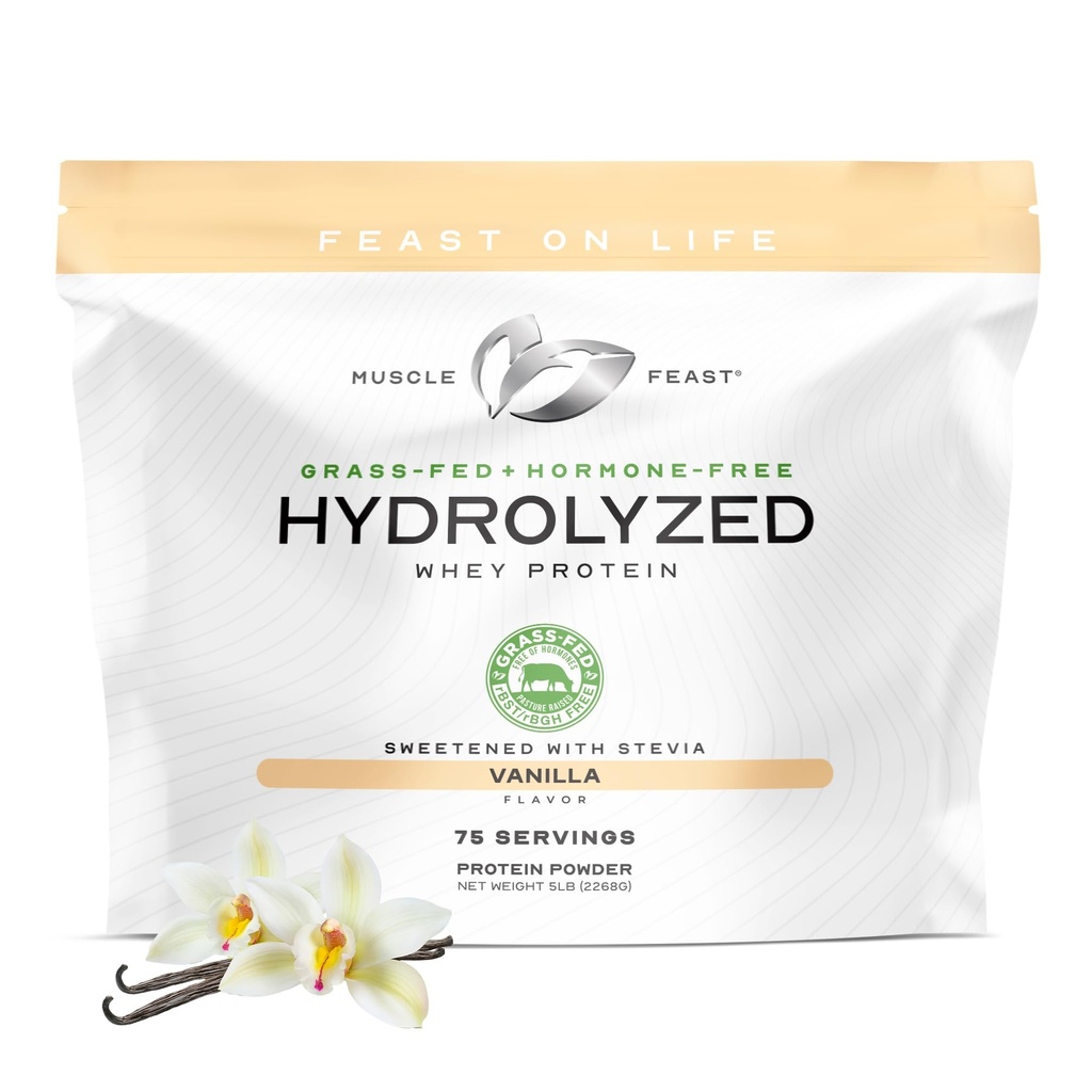 Muscle Feast Hydrolyzed Whey Protein Powder, Grass Fed och All Natural Hormone-Free, Hydro Whey Powder för män och kvinnor, Gluten Free, Non-GMO, Delicious Hydrolyzed Protein Powder, Vanilla, 5lb