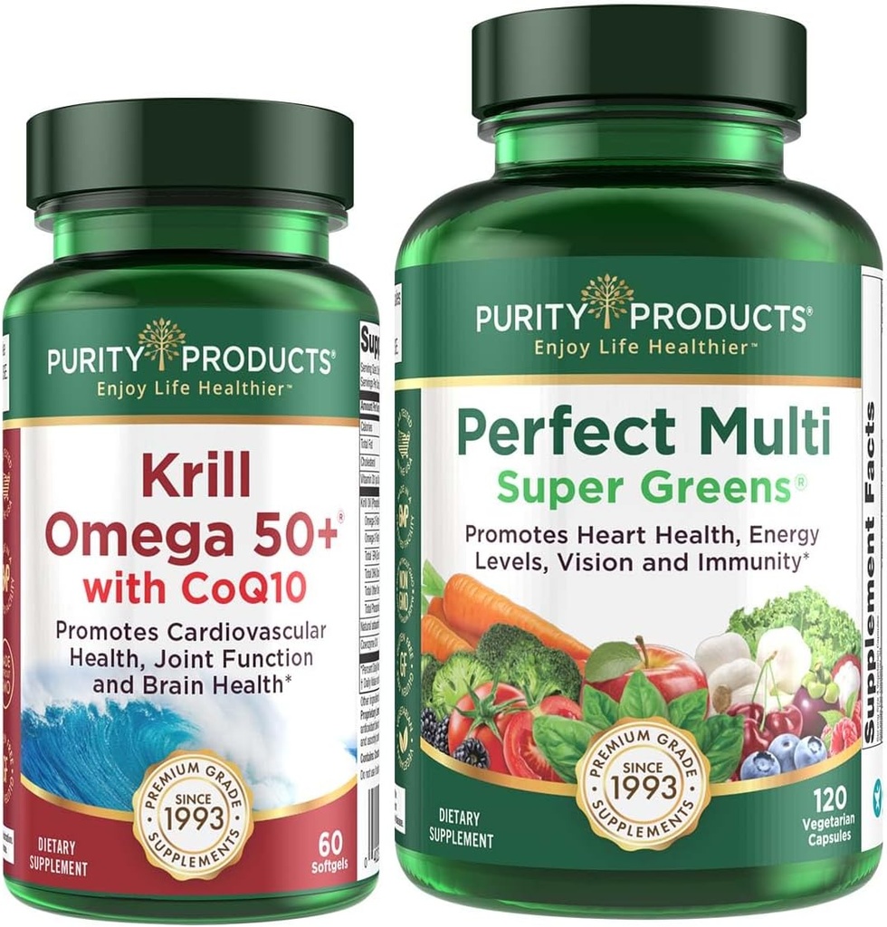 Puhtaus Tuotteet Bundle - Krill Omega 50+ CoQ10 + Täydellinen Multi Greens