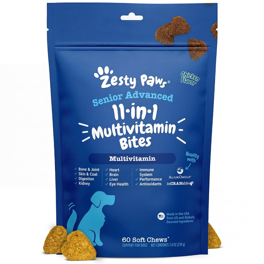 Zesty Paws Senior Dog Multivitamine Treats - Glukosamiini koirille + Ruoansulatuskanavan entsyymit ja probiootit - Grain Free Dog Vitamiinit ja lisäravinteet iholle ja turkki + Immuuni terveys Kana - Advanced - 60ct