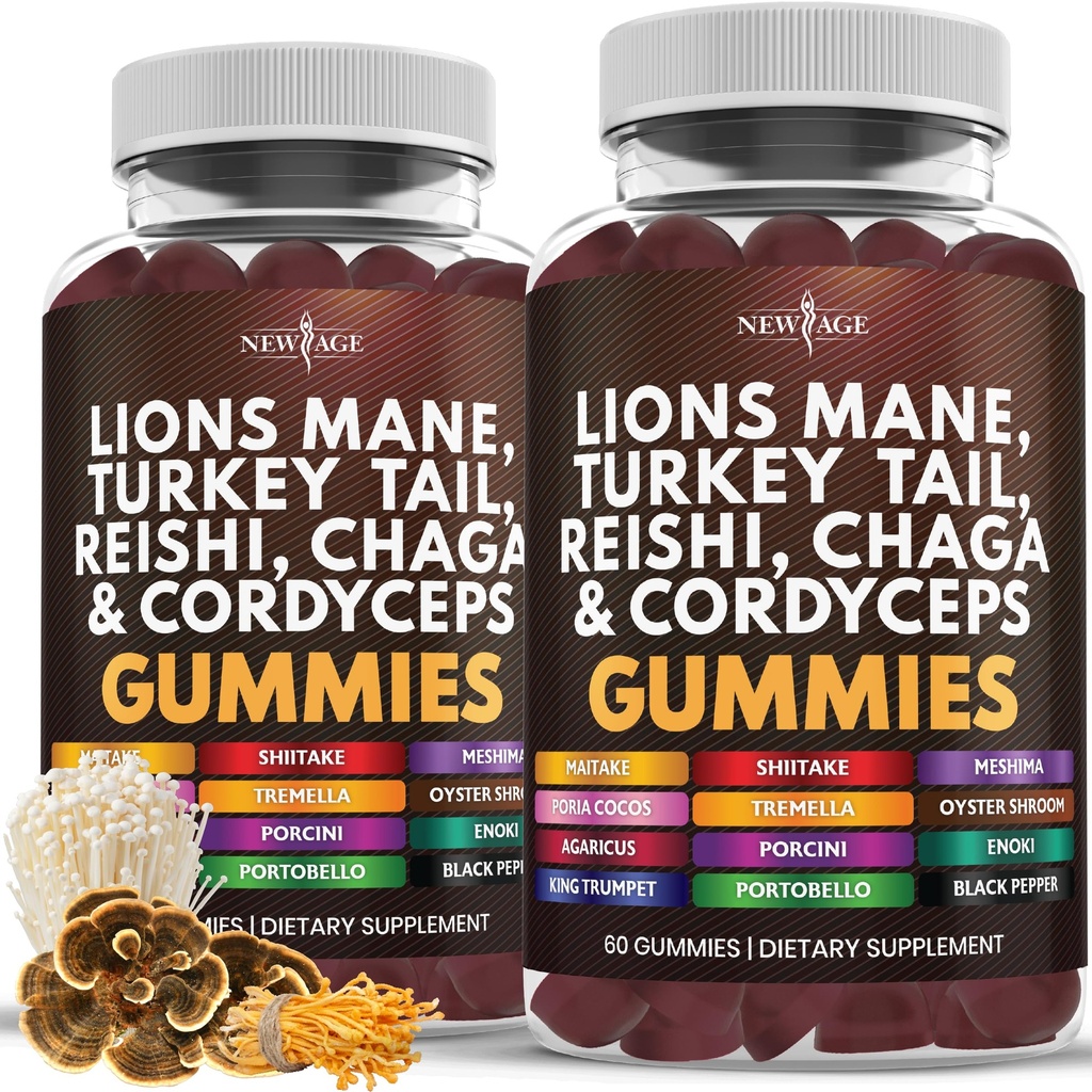 UUSI AGE Sieni Leijonan Mane Supplement Gummies - kattava sieni täydentää kognitiivisen & Immuuneja tukea, Reishi, Cordyceps - 120 Count