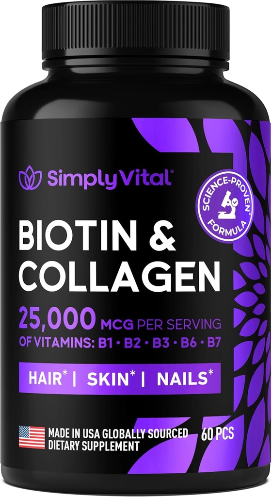 Biotiini ja kollageeni täydentää Keratin 25000 mikrog - hiusten iho & kynnet vitamiinit Collagen Keratin B Complex - valmistettu Yhdysvalloissa - Biotiini hiusten kasvua naiset & miehet Tuki iho & kynnet, 60 kapselia