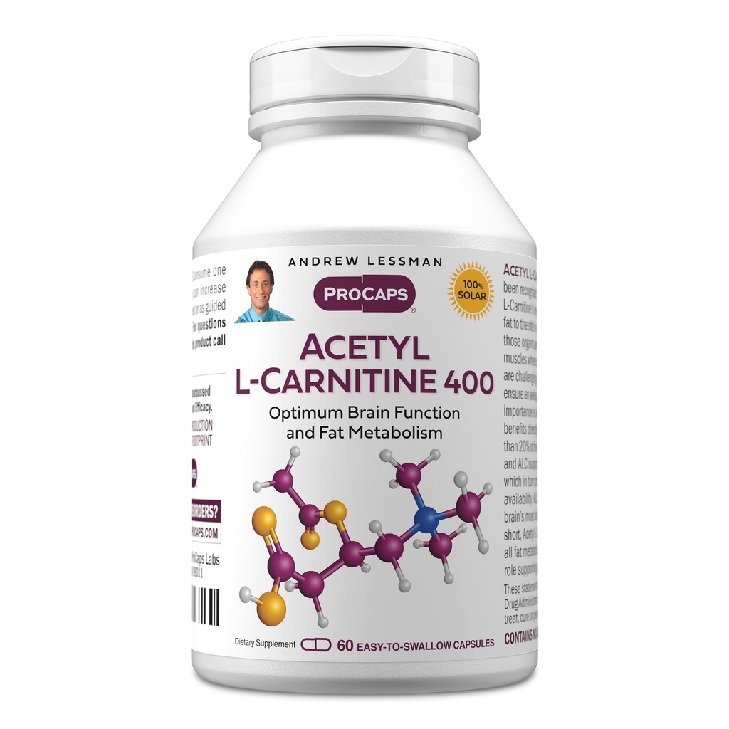 ANDREW LESSMAN Acetyl L-Carnitine 400 mg - 60 kapslar - Stöd för nervsystem, fett- och energimetabolism, hälsosam hjärnfunktion, hälsosamt blodflöde till hjärnan. Lätt att svälja kapslar.