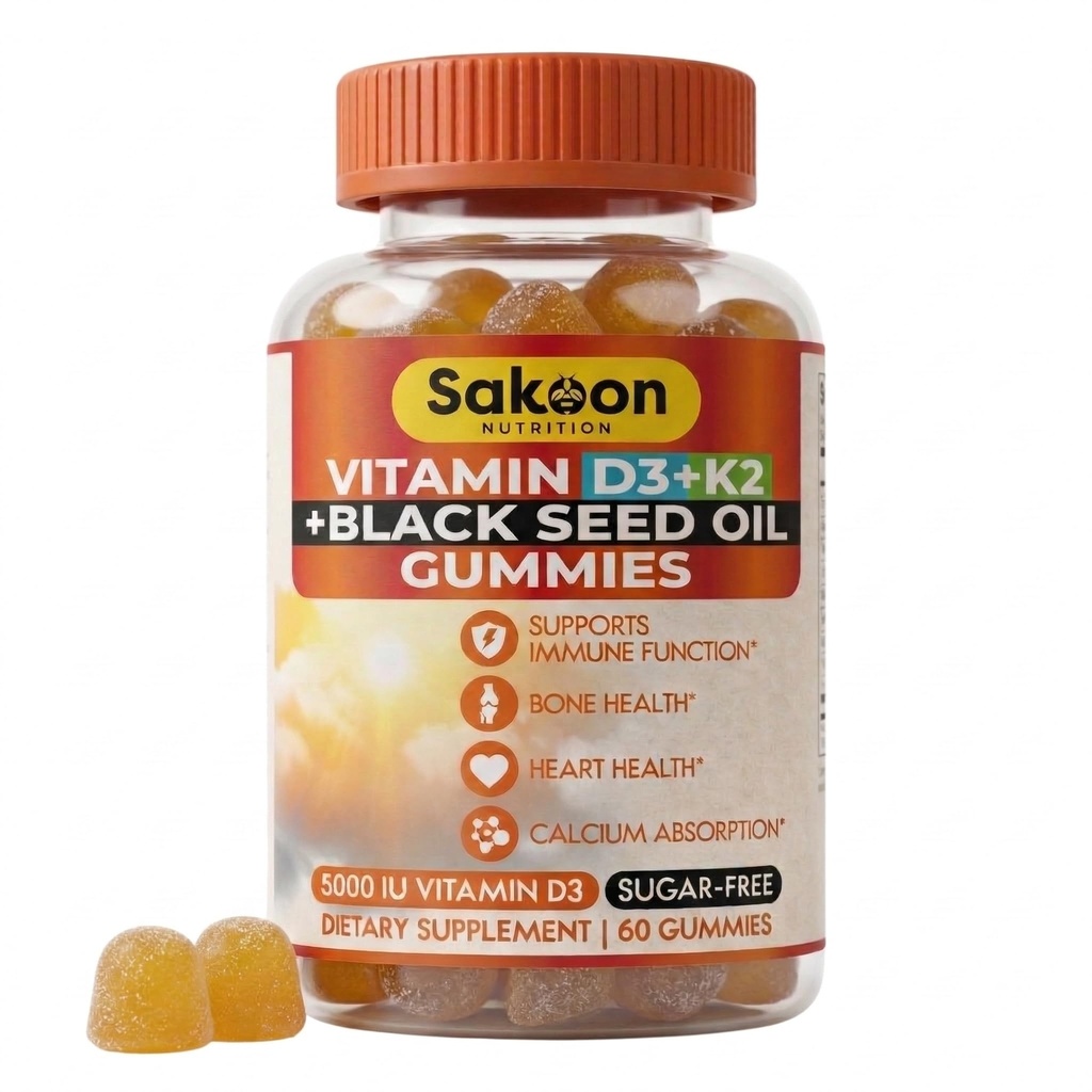 Sakoon nutrition 5000 IE Vitamin D3 K2 Vitamin Supplement med Black Seed Oil för ben, tänder, muskel och immunförsvar stöd, icke-GMO och Gluten Free, 60 Gummy Chewables
