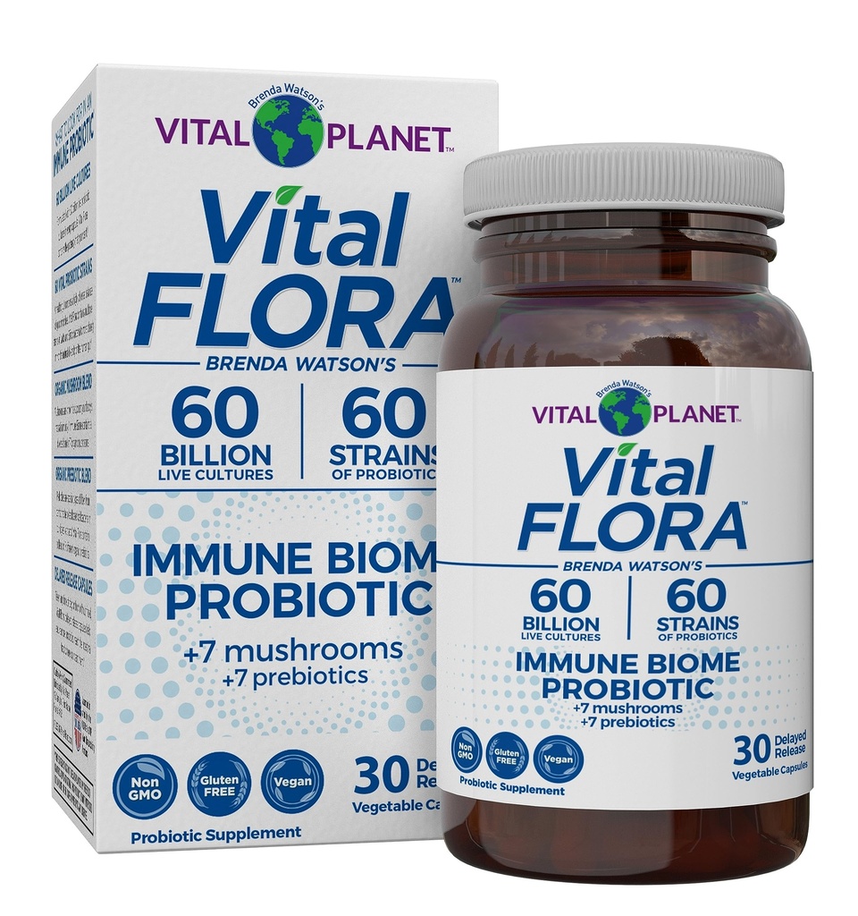 Vital Planet - Vital Flora Immuunituki Probiootti, 60 miljardia PMY, Diverse Strains, Organic Mushroom Supplement Blend Prebiootit, Digestive Health Probiootit naisten ja miesten 30 kapselia