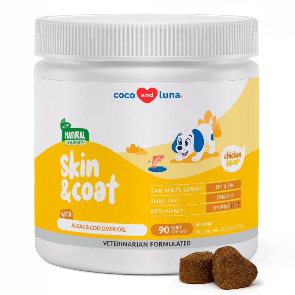 Omega 3 Fish Oil for Dogs - ihon ja turkin lisäravinteet Cod Liver Oil, Algae, EPA & DHA rasvahapot koiran kuoriutuminen, kutina, Hot Spots, ihon allergia, Joint & Heart Support - 90 pehmeät purukumia