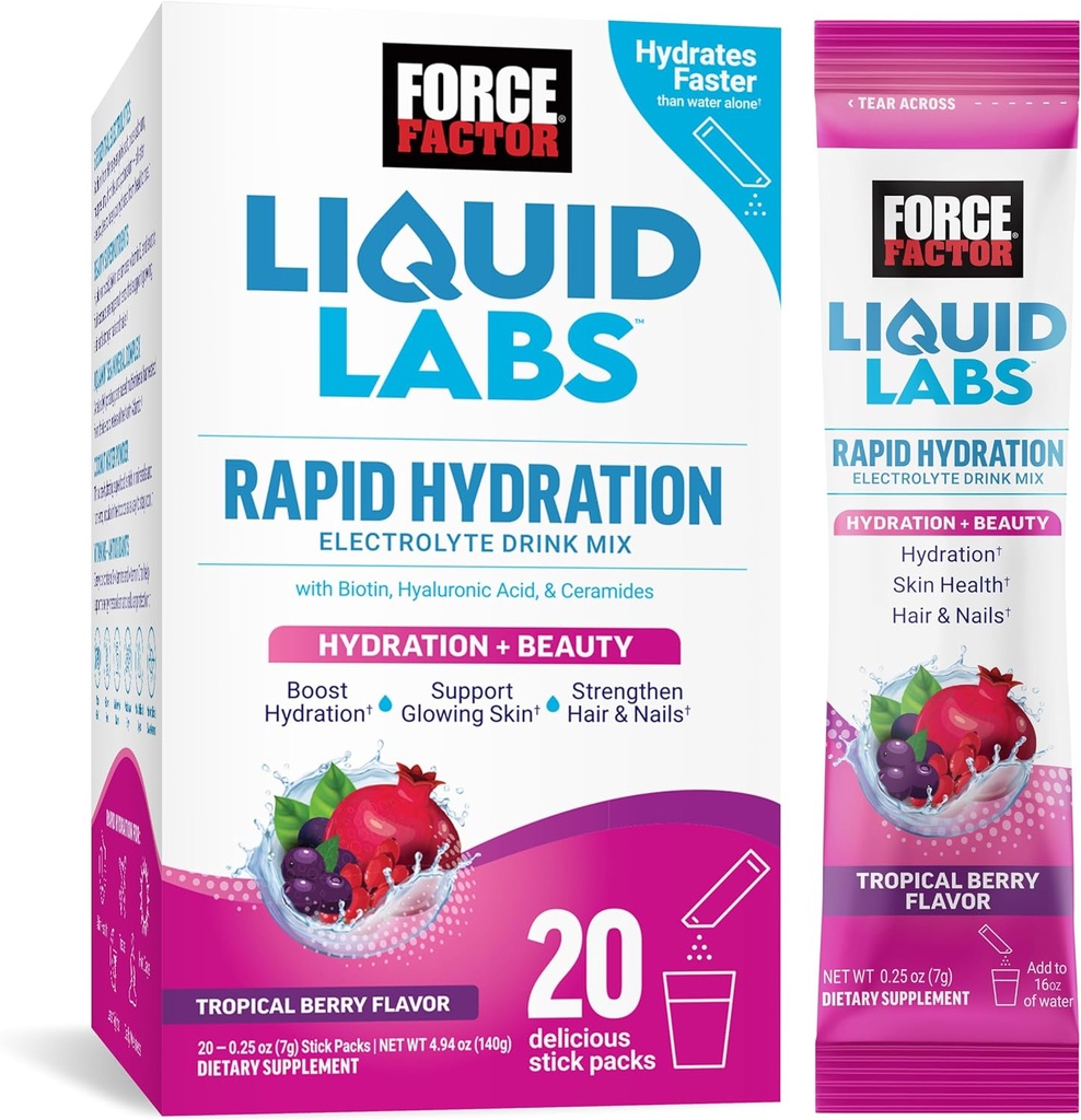 Force Factor Liquid Labs Kauneus, Hydration Packet vahvempi hiukset, ihon & kynnet. Elektrolyyttejä, joissa on hyaluronihappoa, biotiinia ja seramideja. Trooppinen marjamaku, 20 tikkupakkausta