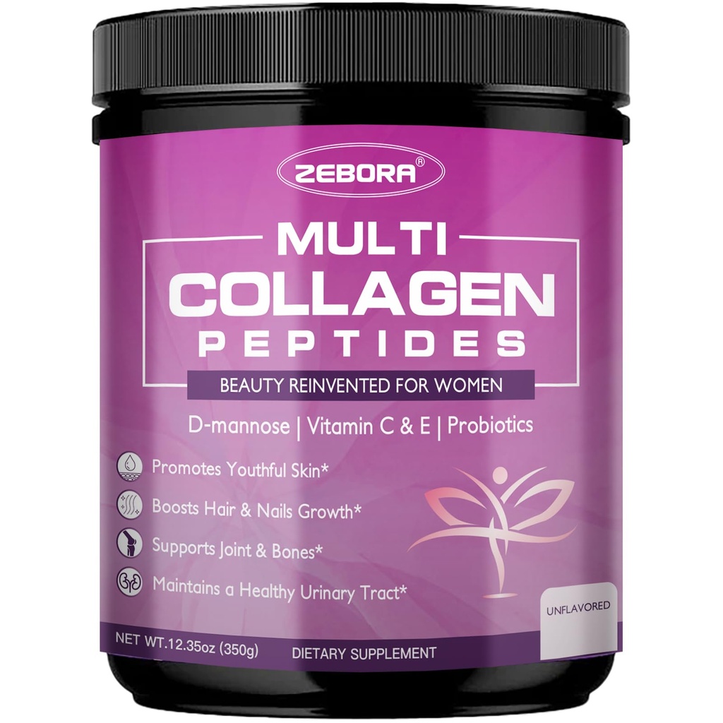 ZEBORA Multi Collagen Peptides Powder for Women ... Hydrolysed Collagen Peptides with D-Mannose & Women's Probiotics ... tukee ihoa, hiuksia, kynsiä ja virtsateiden terveyttä, makuamatonta, 35 tarjoilua
