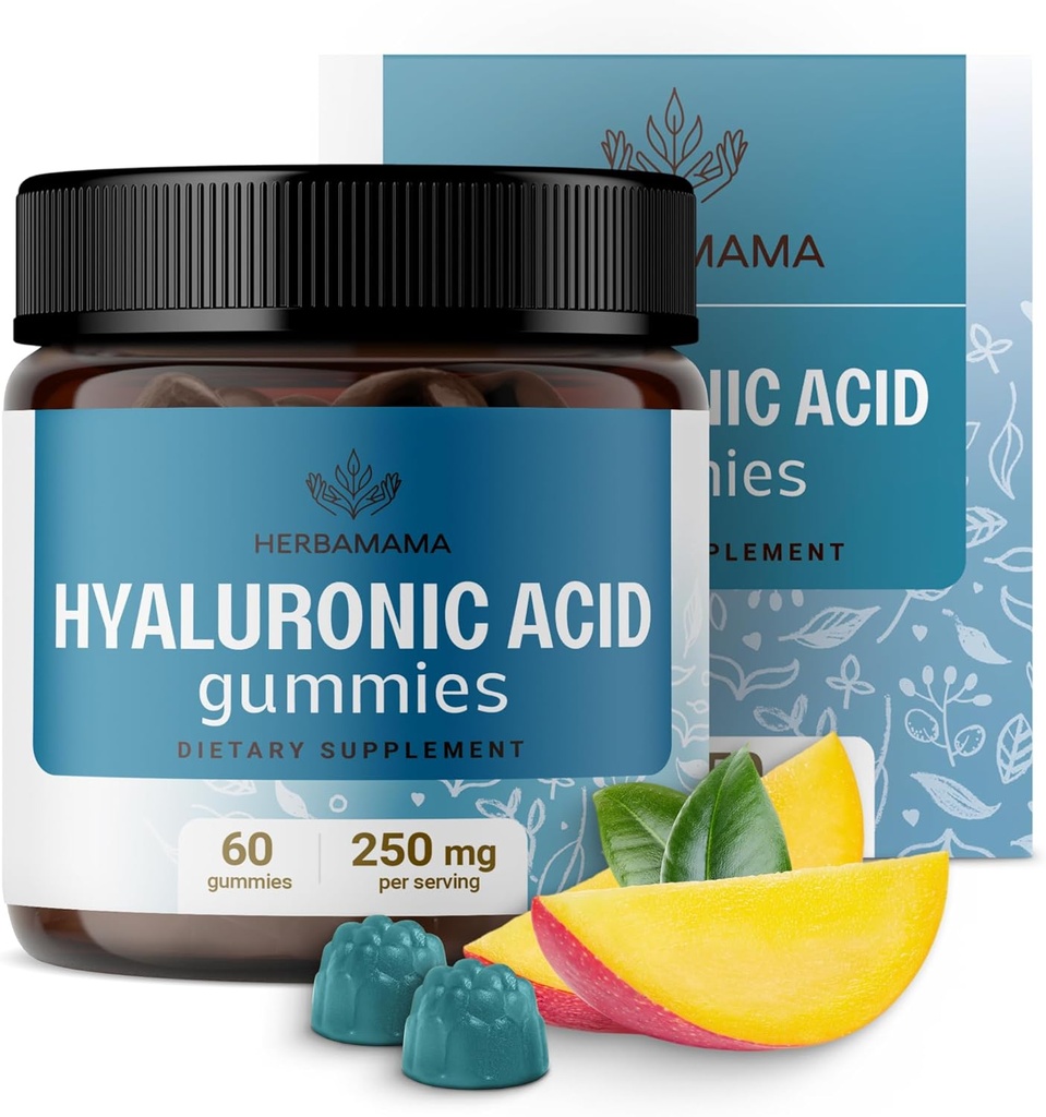 HERBAMA Hyaluronic Acid Gummies - 250mg Pure Hyaluronic Acid for Hair, Iho ja kynnet Tuki - Vegaani, ei-GMO ihon Elastisuus täydentää - 60 Pektiiniä Mango-Flavored Chews