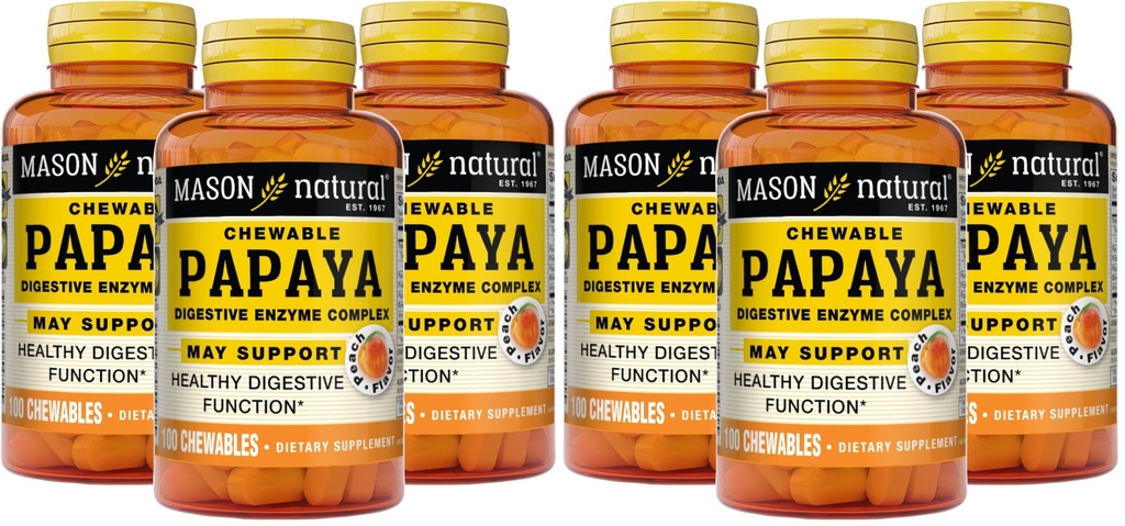 MASON NATURAL Papaya Ruoansulatuskanavan Enzyme Complex - Terve Ruoansulatuskanavan toiminta, edistää ravinteiden imeytymistä, persikka maku, 100 purutablettia (Pack of 6)