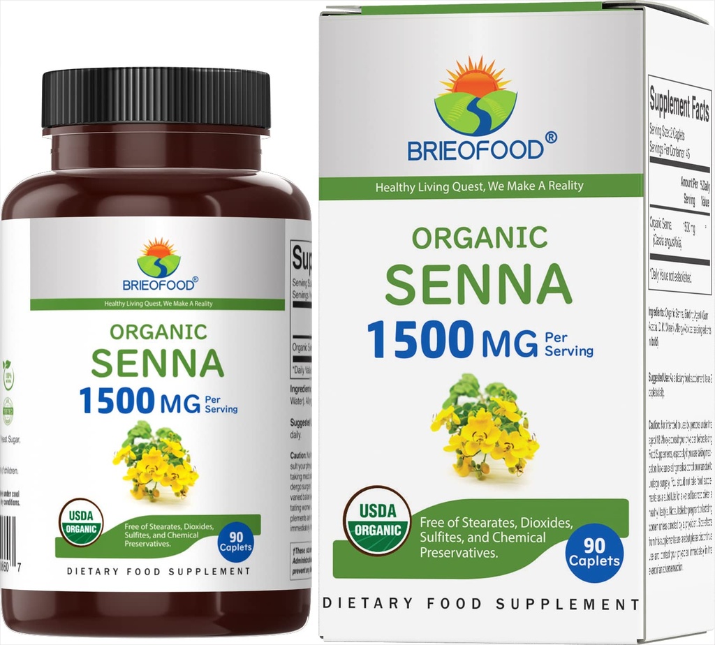 Brieofood Organic Senna 1500mg, 45 Tarjoilu, Kasvisruoka, Gluteeniton, 90 Kasvisruoka Tabletit