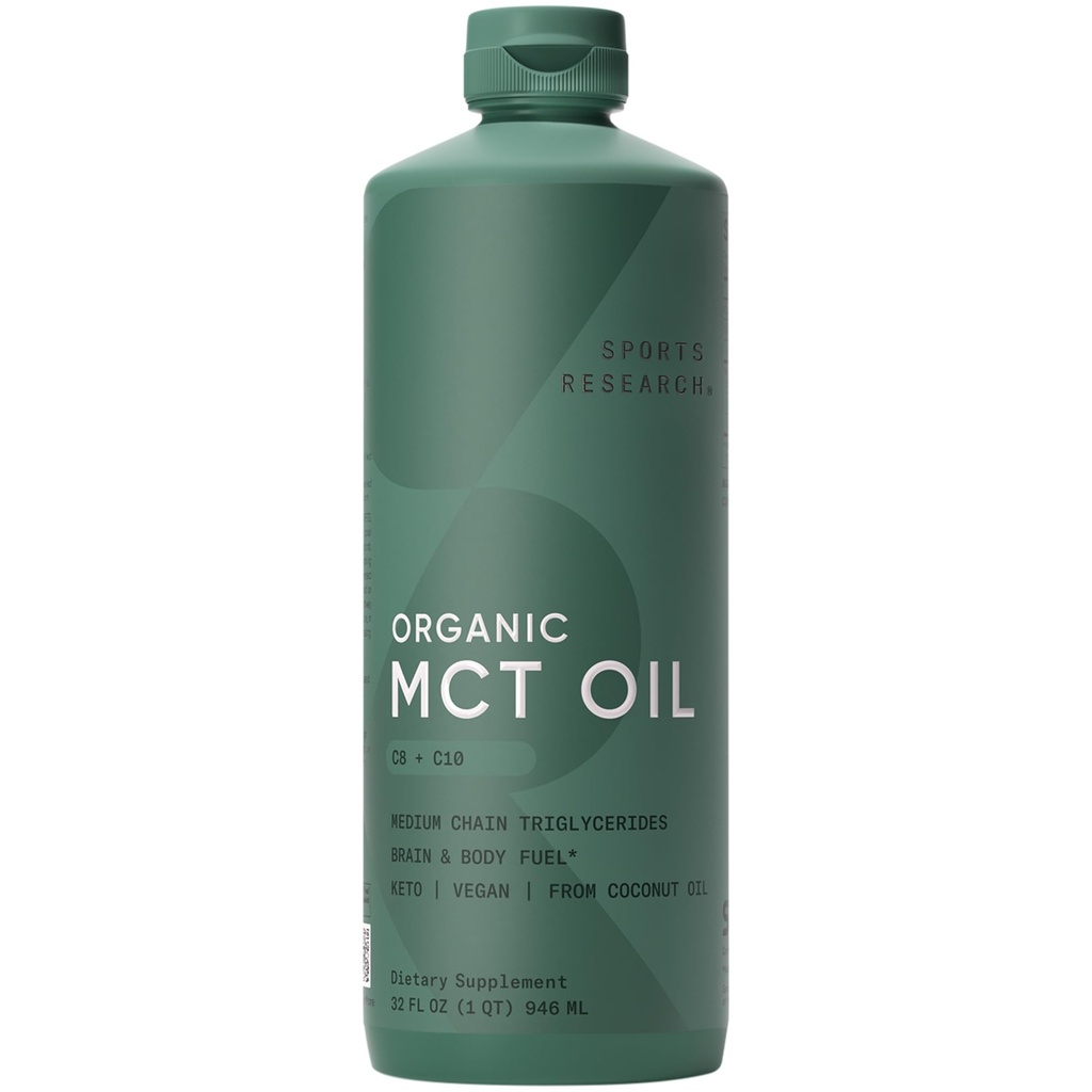 Sports Research Organic MCT Öljy - Keto & Vegan MCTs C8, C10 kookospähkinöistä - rasvahappoaivot ja runkopolttoaine, ei-muuntogeeniset & gluteeniton - Makuton öljy, täydellinen kahvi, tee & proteiini Shakes - 32 oz