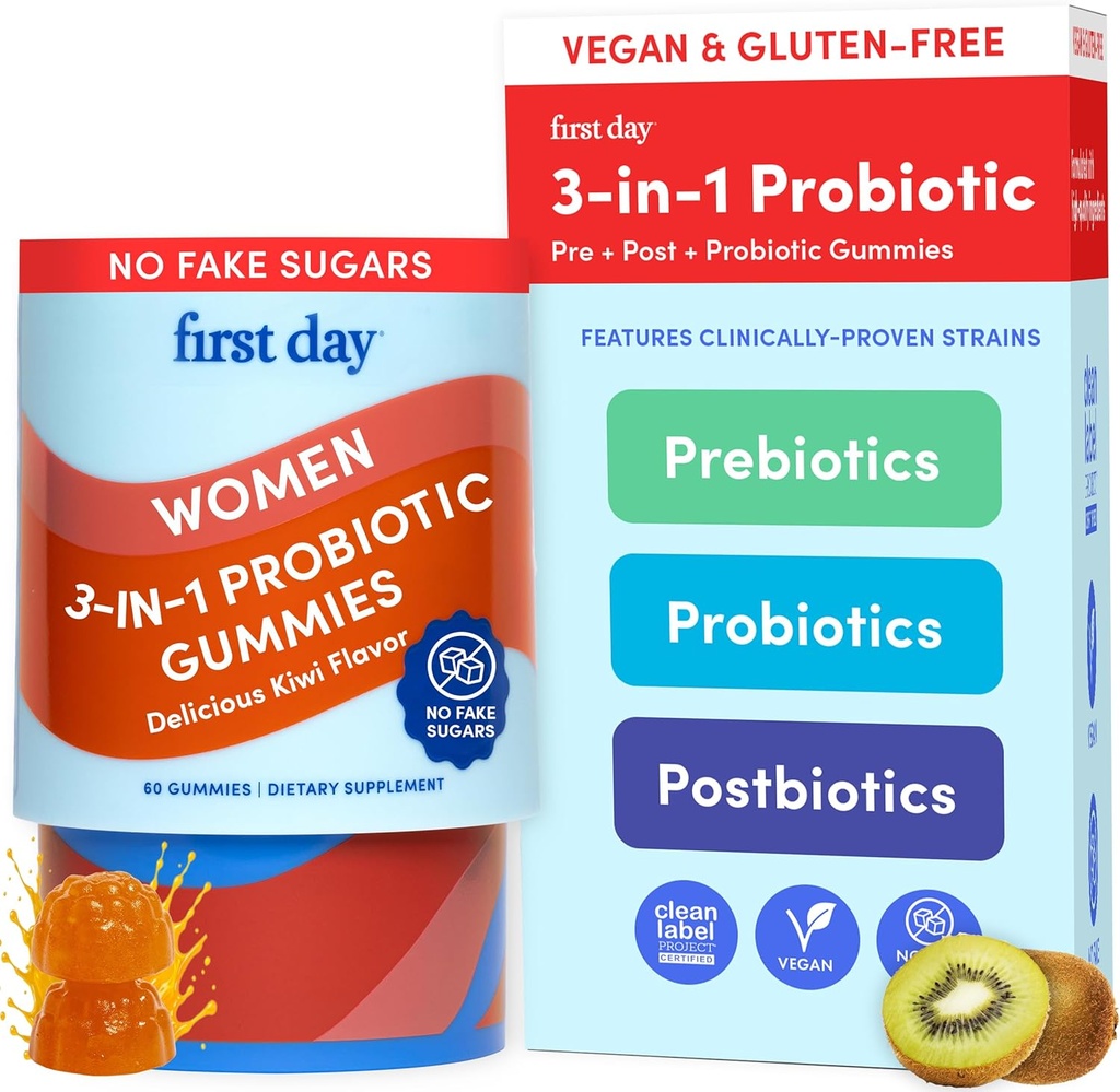 ENSIMMÄINEN PÄIVÄ Naiset 3-in-1 Probiootti Gummies ... Prebiootti + Probiootti + Postbiootti täydentää... tukee digestiivistä ja suun terveyttä, immuunitoimintaa ja energiaa...